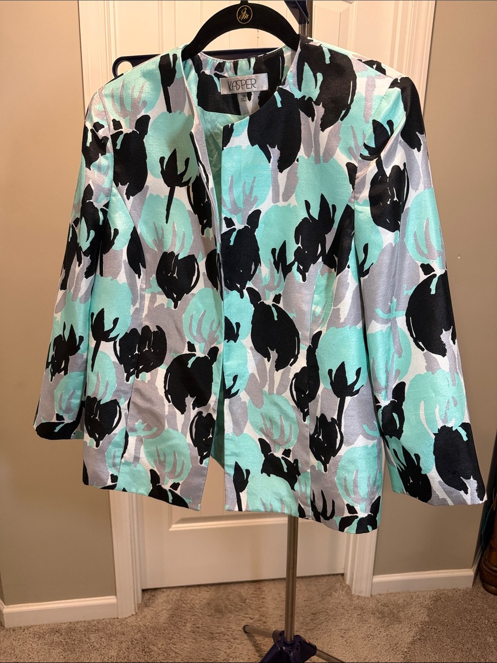 Kasper Mint, Black & Gray Floral Open-Front Blazer